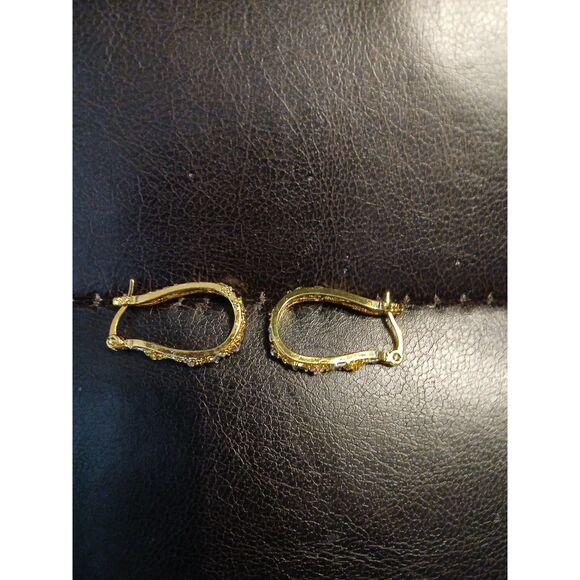 Horseshoe Shaped Gold Earrings Rhinestone Flowers Safety Hook - Picture 7 of 8